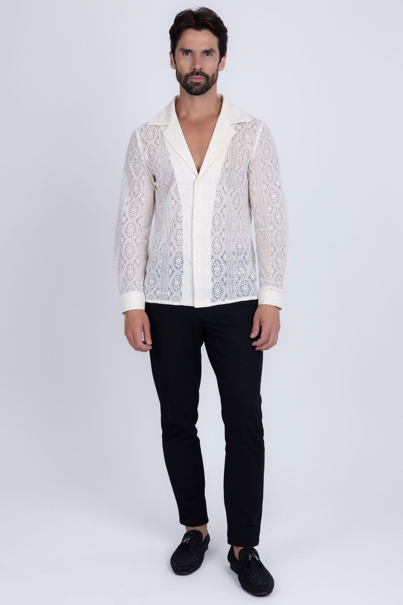 Barabas Wholesale Men's Embroidered See Through Floral Long Sleeve Shirts 4B85 White