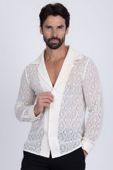 Barabas Wholesale Men's Embroidered See Through Floral Long Sleeve Shirts 4B85 White