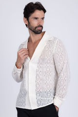 Barabas Wholesale Men's Embroidered See Through Floral Long Sleeve Shirts 4B85 White