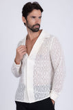 Barabas Wholesale Men's Embroidered See Through Floral Long Sleeve Shirts 4B85 White