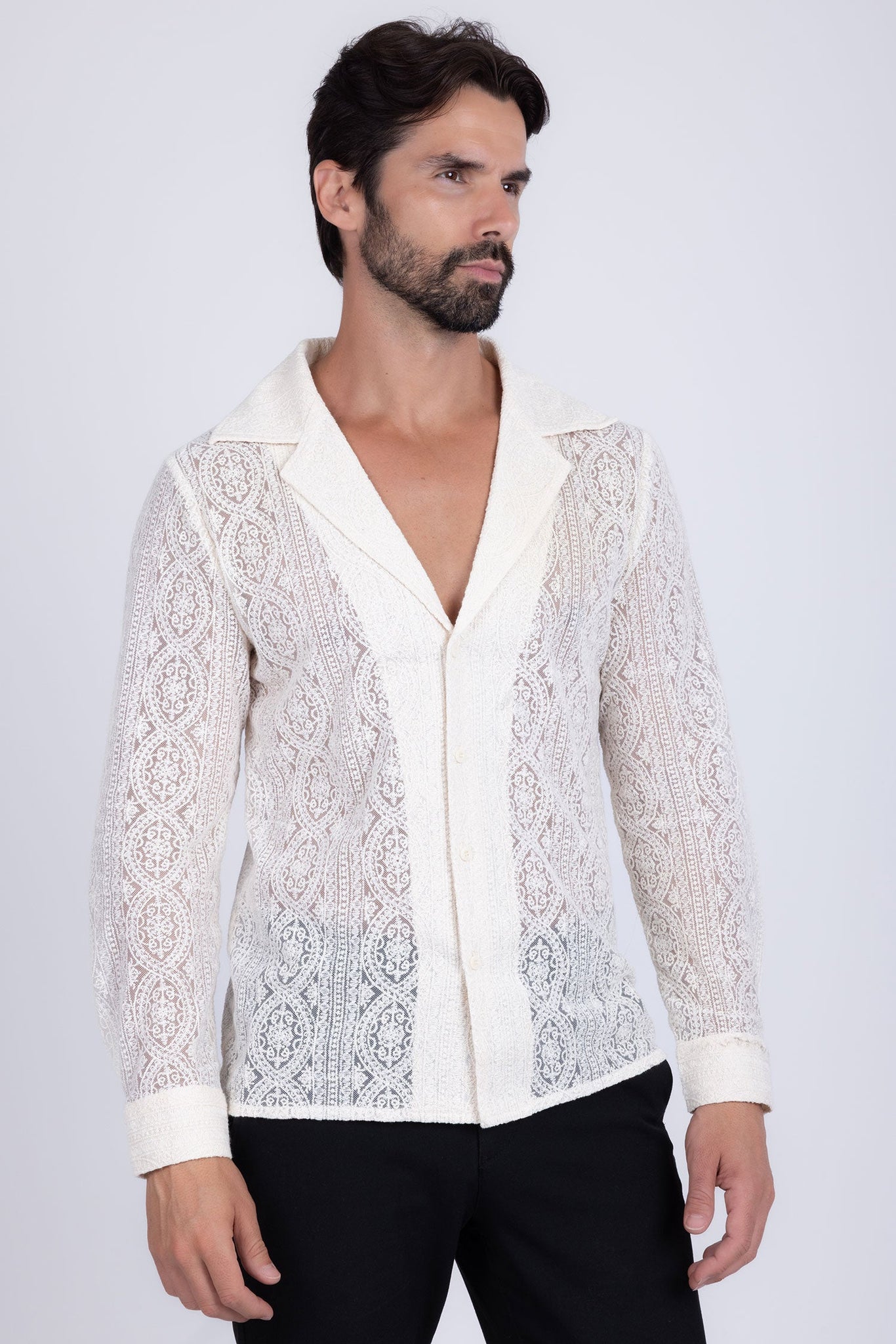 Barabas Wholesale Men's Embroidered See Through Floral Long Sleeve Shirts 4B85 White