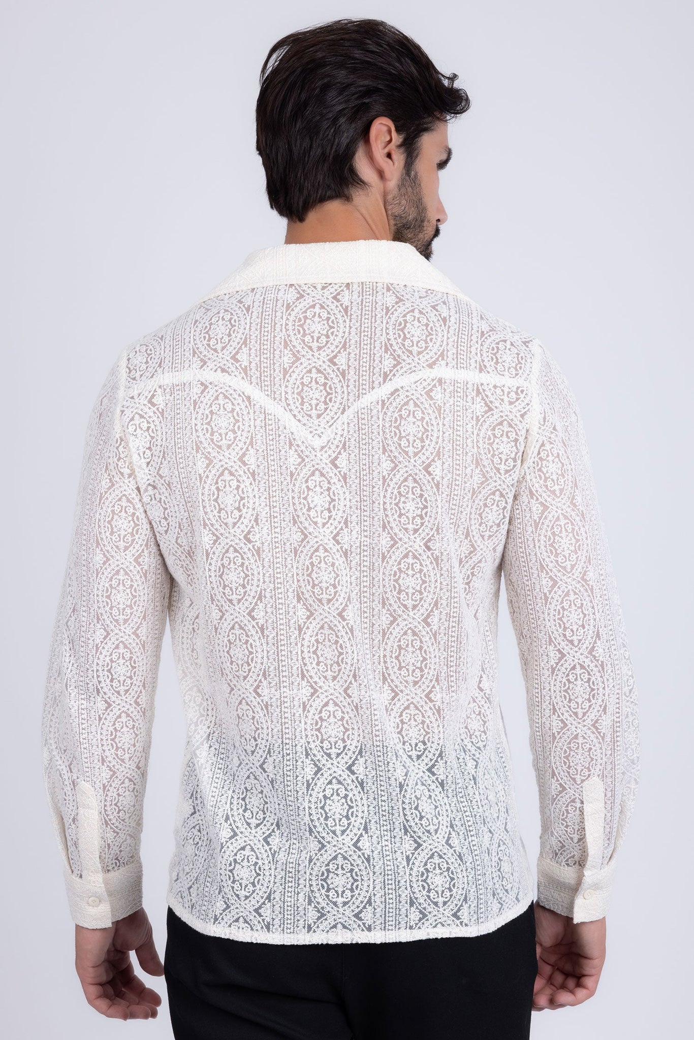 Barabas Wholesale Men's Embroidered See Through Floral Long Sleeve Shirts 4B85 White