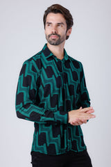 Barabas Wholesale Men's Geometric Stretch See Through Long Sleeve Shirt 4B87 Green