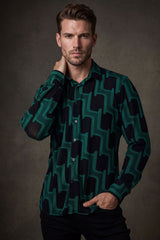 Barabas Wholesale Men's Geometric Stretch See Through Long Sleeve Shirt 4B87 Green