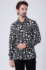 Barabas Wholesale Men's Polka Dots See Through Stretch Long Sleeve Shirt 4B92 Black