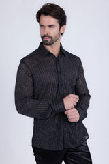 Barabas Wholesale Men's Stretch Geometric See Through Long Sleeve Shirt 4B94 Black