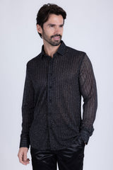 Barabas Wholesale Men's Stretch Geometric See Through Long Sleeve Shirt 4B94 Black