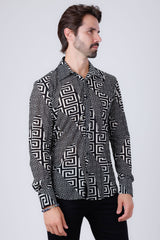 Barabas Wholesale Men's Greek Key Stretch See Through Long Sleeve Shirt 4B96 Black