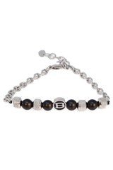 Barabas Wholesale Unisex Obsidian Beads and Chains Bangles Bracelets 4BB05 Silver Black