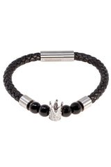 Barabas Wholesale Unisex Obsidian Crown Leather Magnetic Bangle Bracelets 4BB13 Silver