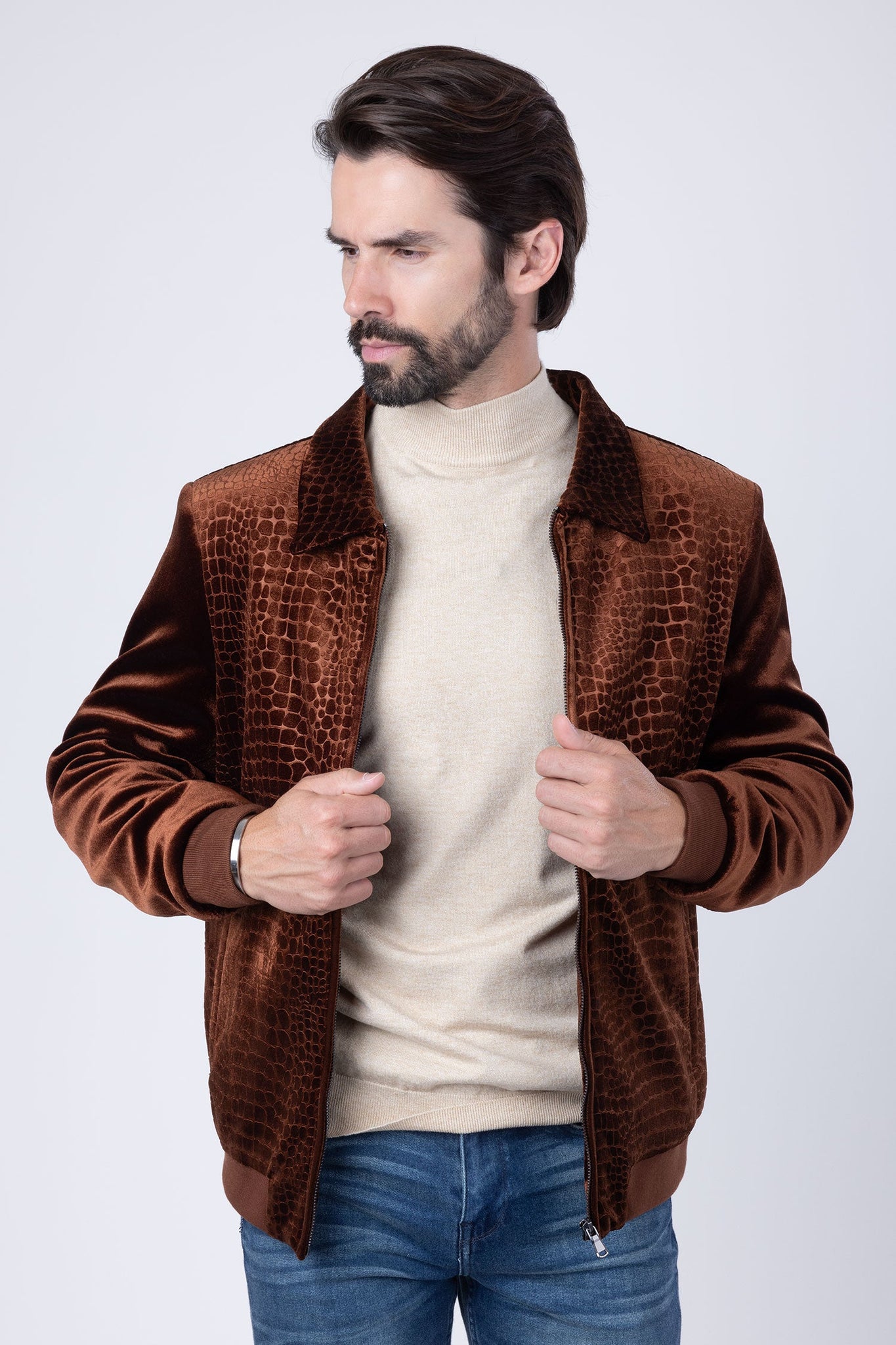 Barabas Wholesale Men's Crocodile Pattern Velvet Bomber Winter Jacket 4BH88 Brown