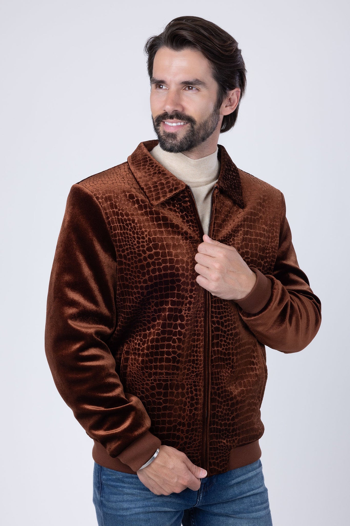 Barabas Wholesale Men's Crocodile Pattern Velvet Bomber Winter Jacket 4BH88 Brown