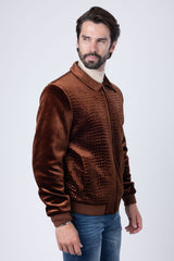 Barabas Wholesale Men's Crocodile Pattern Velvet Bomber Winter Jacket 4BH88 Brown