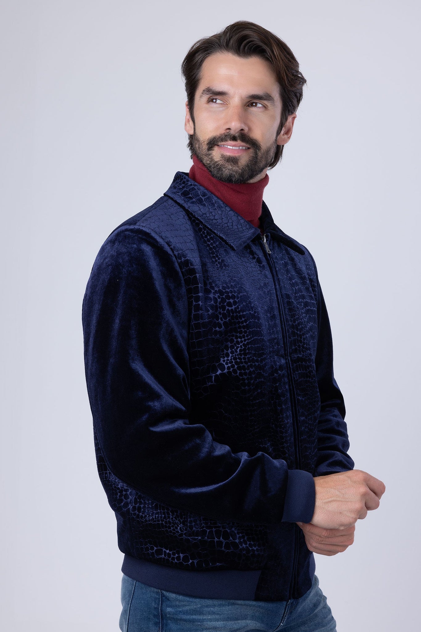 Barabas Wholesale Men's Crocodile Pattern Velvet Bomber Winter Jacket 4BH88 Navy