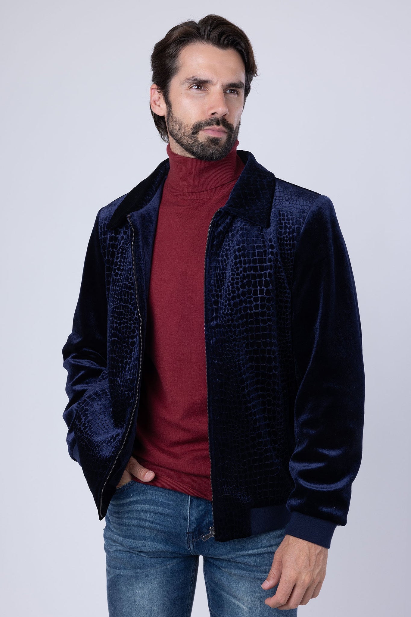 Barabas Wholesale Men's Crocodile Pattern Velvet Bomber Winter Jacket 4BH88 Navy