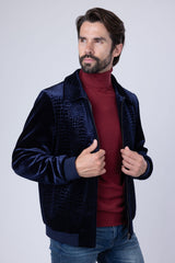 Barabas Wholesale Men's Crocodile Pattern Velvet Bomber Winter Jacket 4BH88 Navy