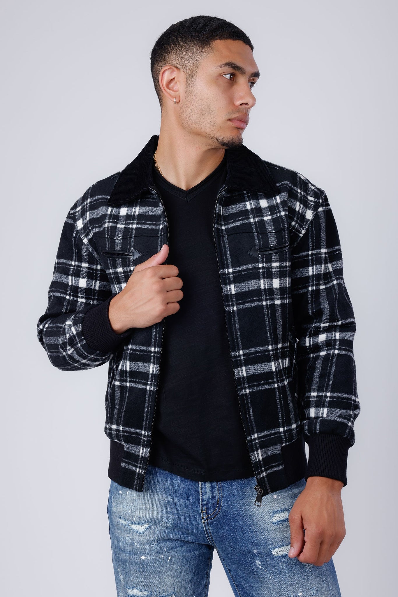 Barabas Wholesale Men's Plaid Wool Winter Bomber Jacket 4BH91 Grey