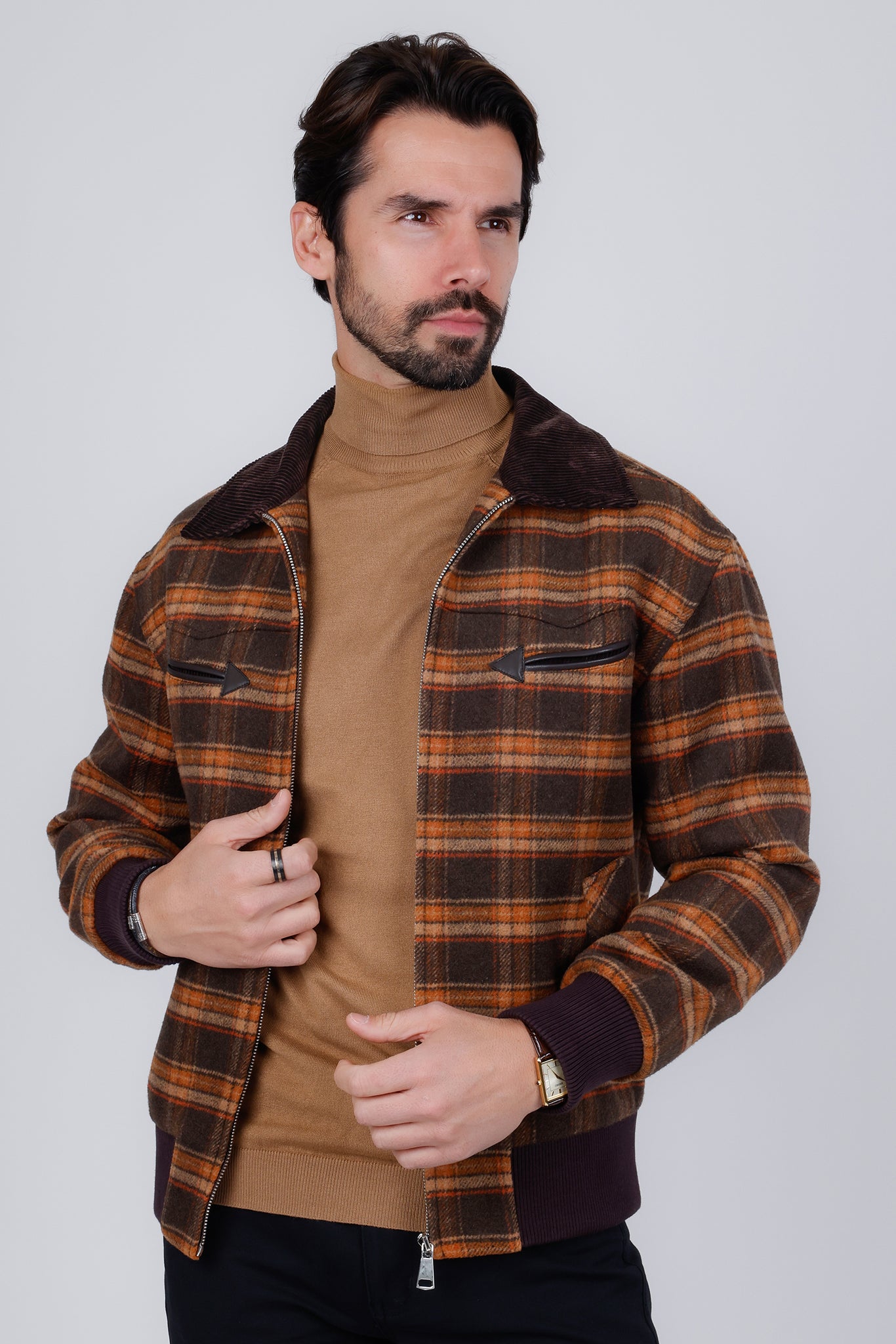 Barabas Wholesale Men's Plaid Wool Winter Bomber Jacket 4BH91 Coffee