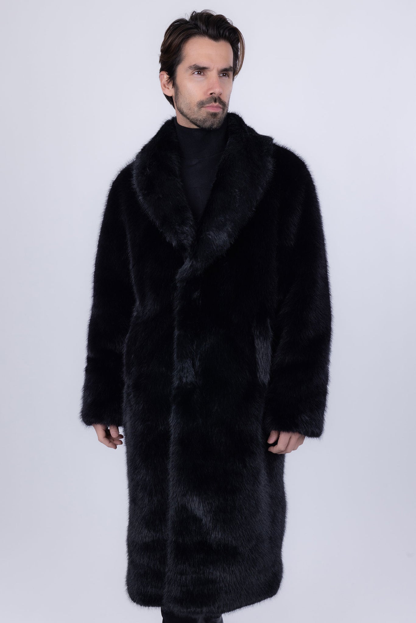 Barabas Wholesale Men's Fur Shawl Lapel Luxury Long Coat 4BHL04 Black