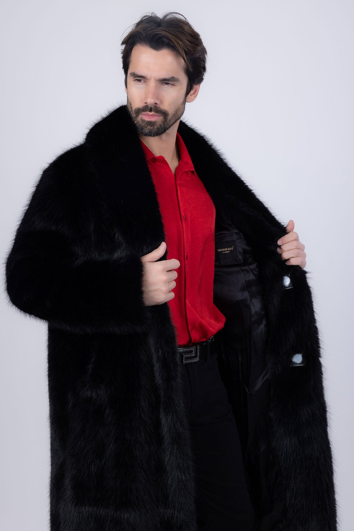 Barabas Wholesale Men's Fur Shawl Lapel Luxury Long Coat 4BHL04 Black