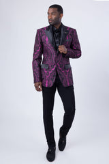 Barabas Men's Wholesale Fleur-De-Lis Wool Satin Peak Lapel Blazer 4BL38 Black Fuchsia