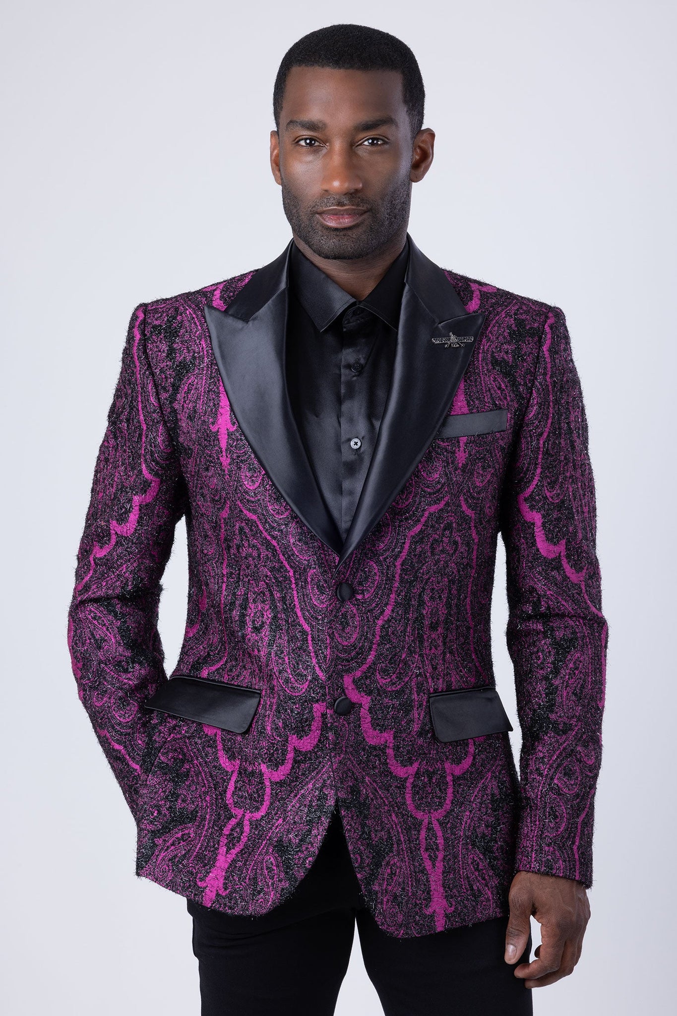 Barabas Men's Wholesale Fleur-De-Lis Wool Satin Peak Lapel Blazer 4BL38 Black Fuchsia