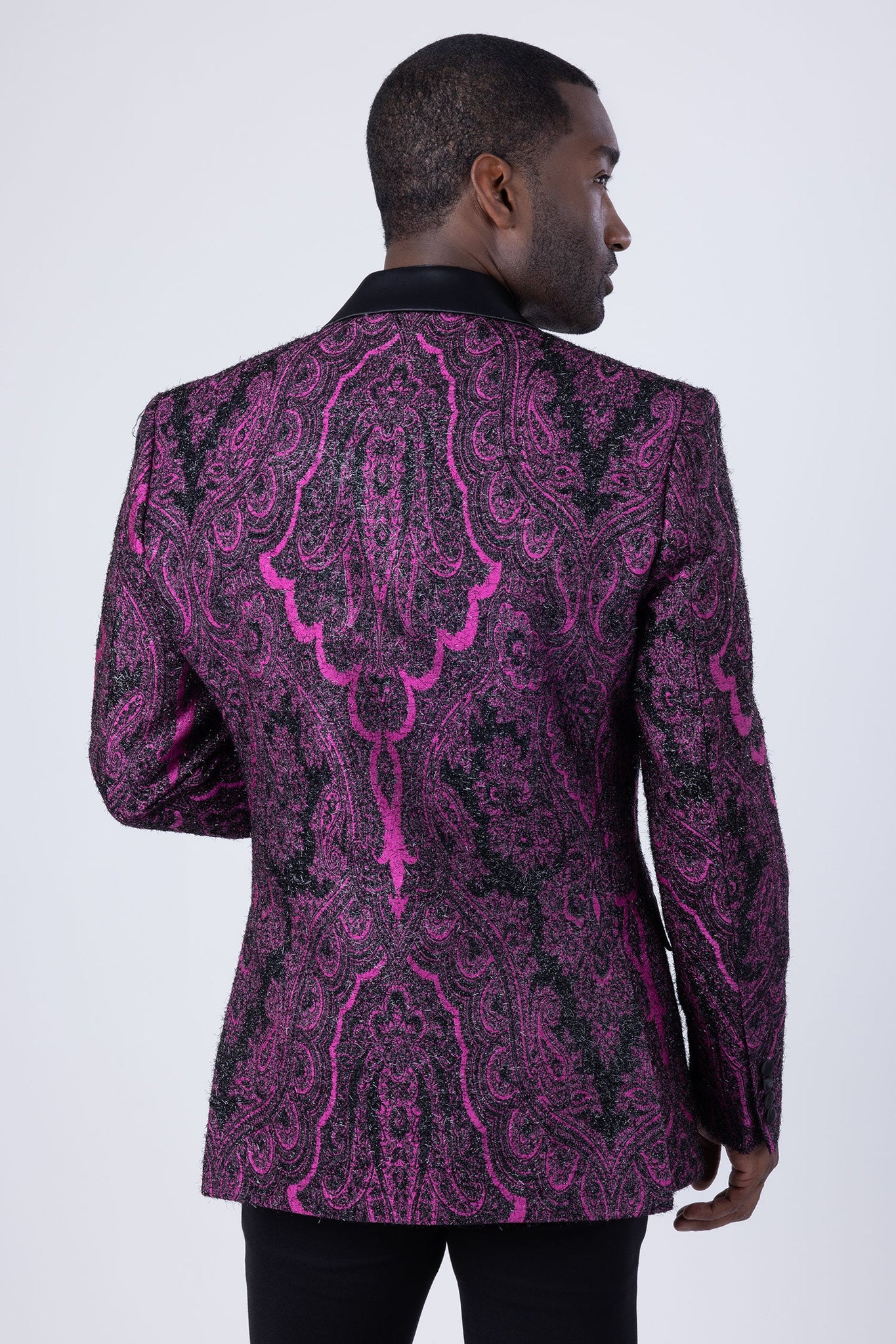 Barabas Men's Wholesale Fleur-De-Lis Wool Satin Peak Lapel Blazer 4BL38 Black Fuchsia