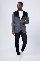 Barabas Wholesale Men's Checkered Wool Velvet Peak Lapel Shiny Blazer 4BL44 Black