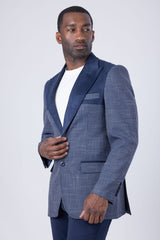 Barabas Wholesale Men's Checkered Wool Velvet Peak Lapel Shiny Blazer 4BL44 Blue