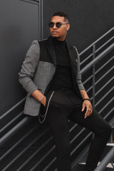 Barabas Wholesale Men's Checkered Wool Velvet Peak Lapel Shiny Blazer 4BL44 Black