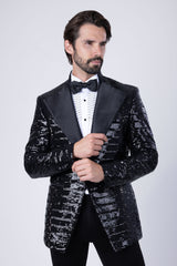 Barabas Wholesale Men's Linear Sequin Design Peak Lapel Shiny Blazer 4BLR34 Black