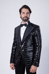Barabas Wholesale Men's Linear Sequin Design Peak Lapel Shiny Blazer 4BLR34 Black