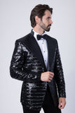 Barabas Wholesale Men's Linear Sequin Design Peak Lapel Shiny Blazer 4BLR34 Black