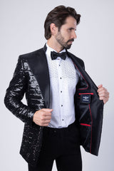 Barabas Wholesale Men's Linear Sequin Design Peak Lapel Shiny Blazer 4BLR34 Black