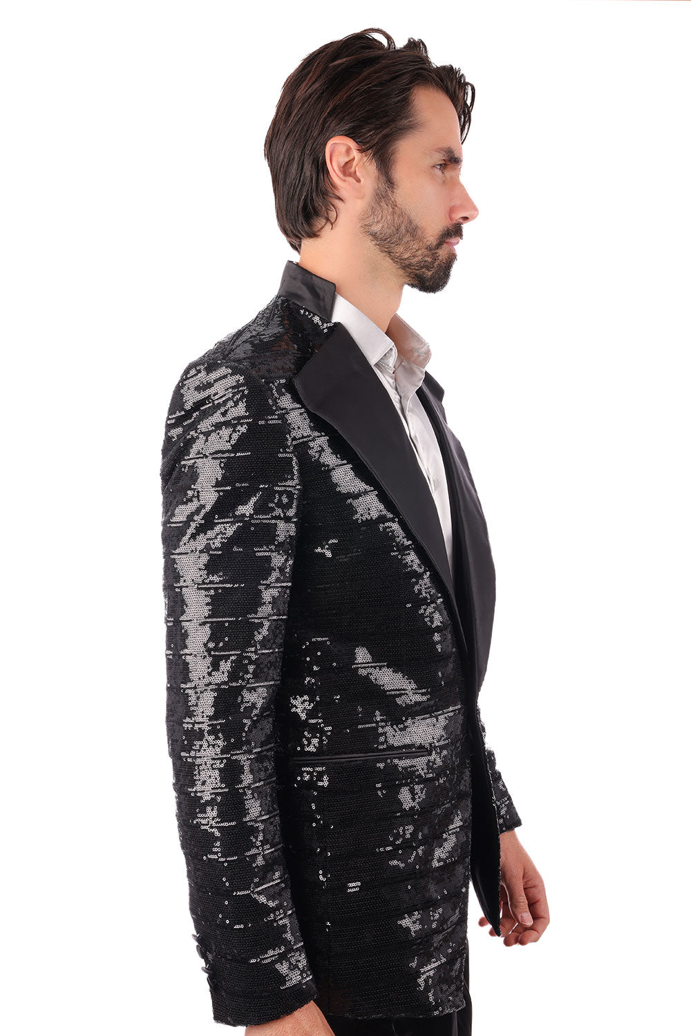 BARABAS Mens Wholesale  Linear Sequin Design Peak Lapel Shiny Blazer 4BLR34 Black