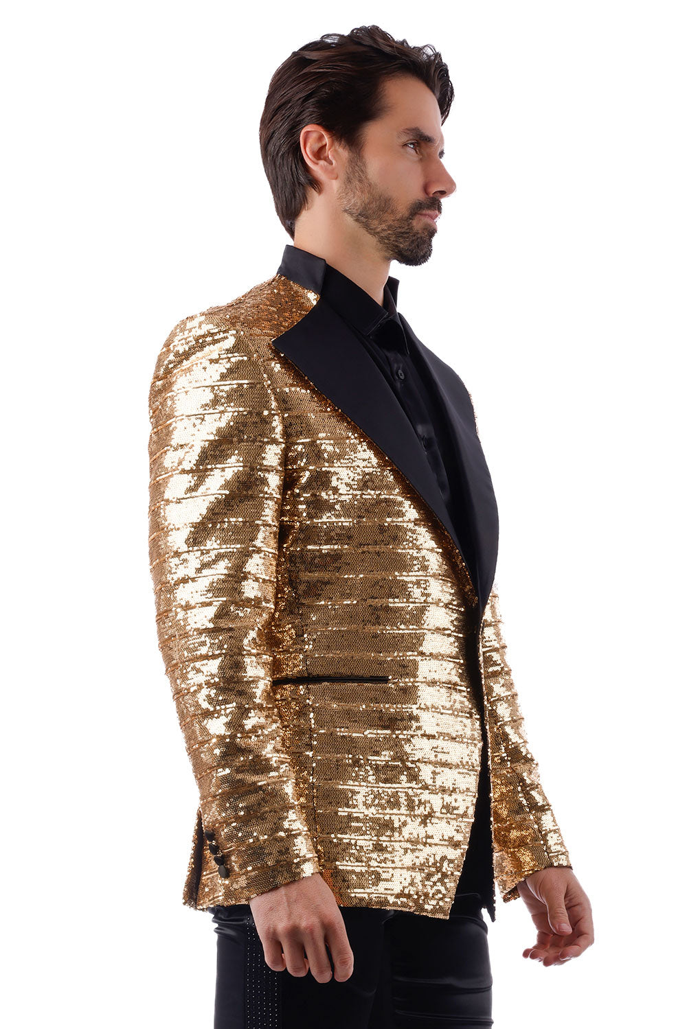 BARABAS Mens Wholesale  Linear Sequin Design Peak Lapel Shiny Blazer 4BLR34 Gold