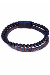 Barabas Wholesale Unisex Two Color Braided Leather Beaded Bangle Bracelets 4BMS09 Coffee Navy Black