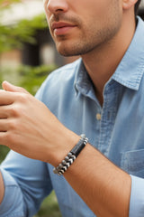 Barabas Wholesale Unisex Two Color Braided Leather Beaded Bangle Bracelets 4BMS09 White Navy Navy