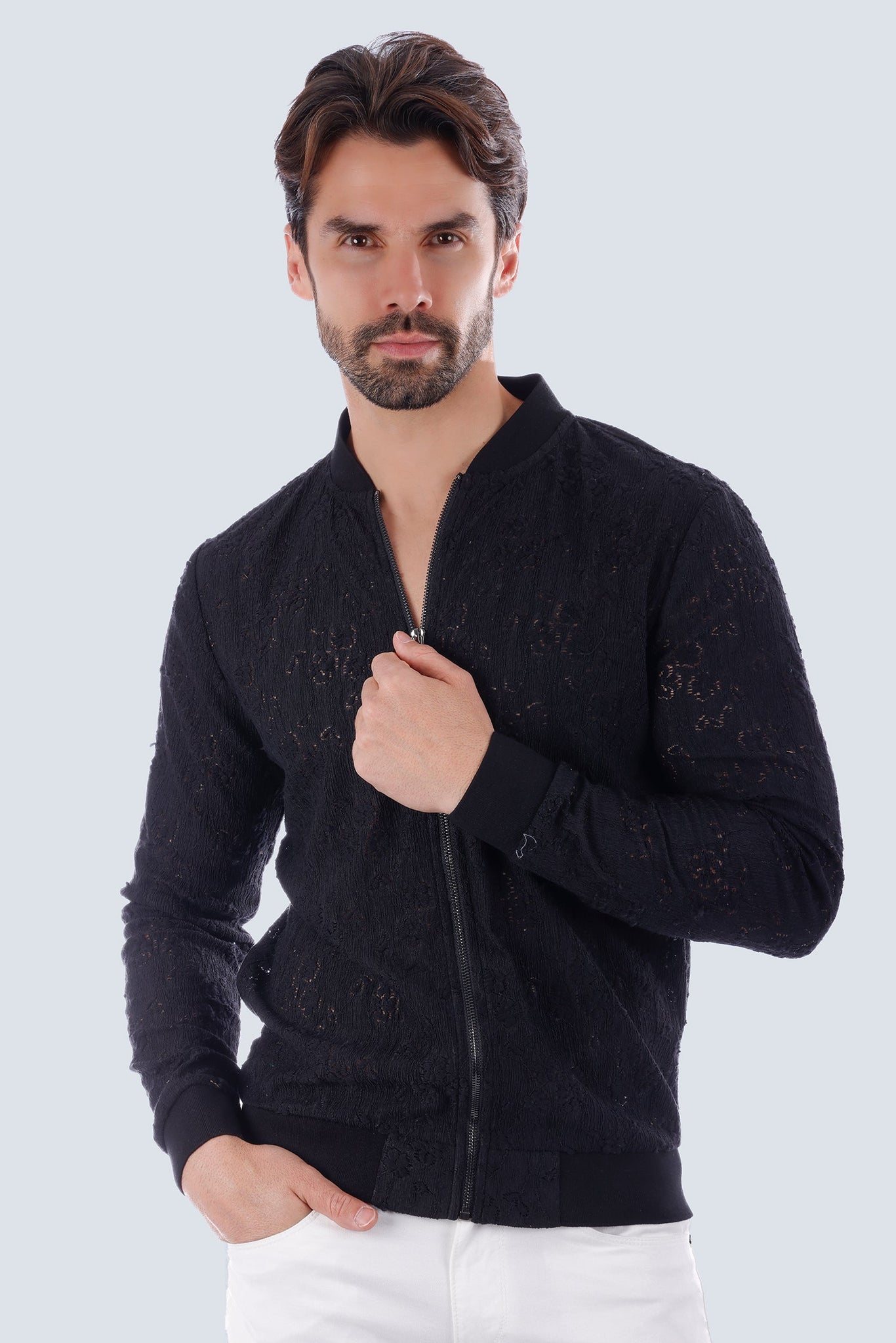 Barabas Men's Wholesale See Through Floral Breathable Bomber Jacket 4BPS03 Black