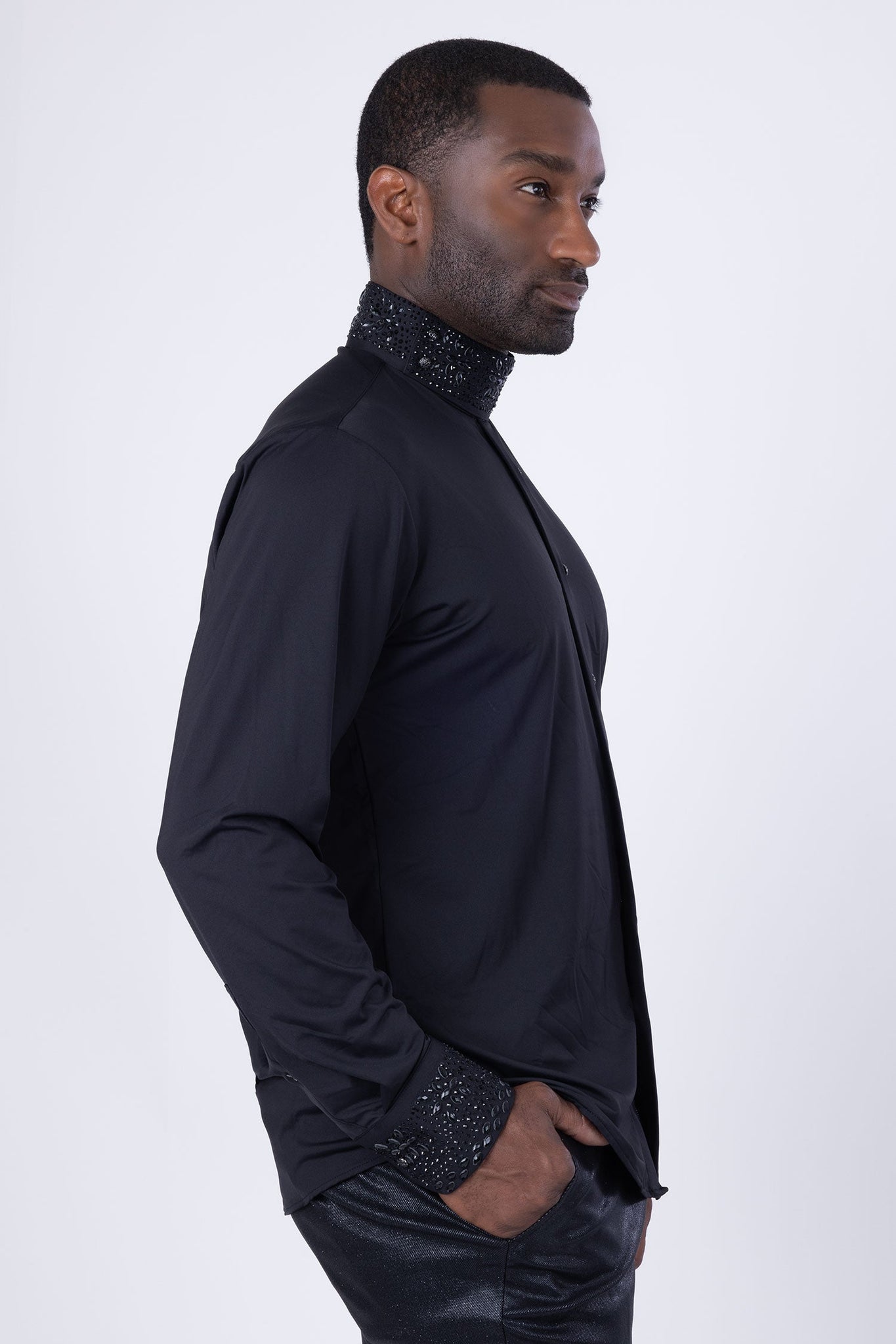 Barabas Wholesale Men's Turtleneck Rhinestones Collar Long Sleeve Shirts 4BR411 Black