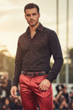 Barabas Wholesale Men's Rhinestones Button Down Long Sleeve Shirts 4BR412 Black Red