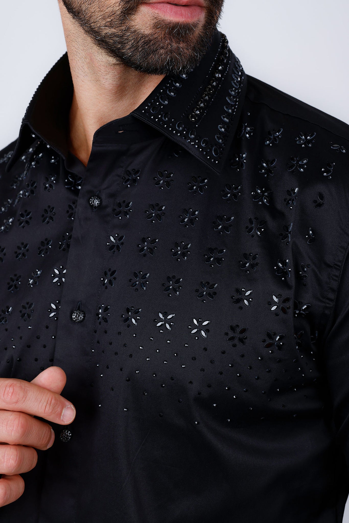 Barabas Wholesale Men's Rhinestones Button Down Long Sleeve Shirts 4BR412 Black