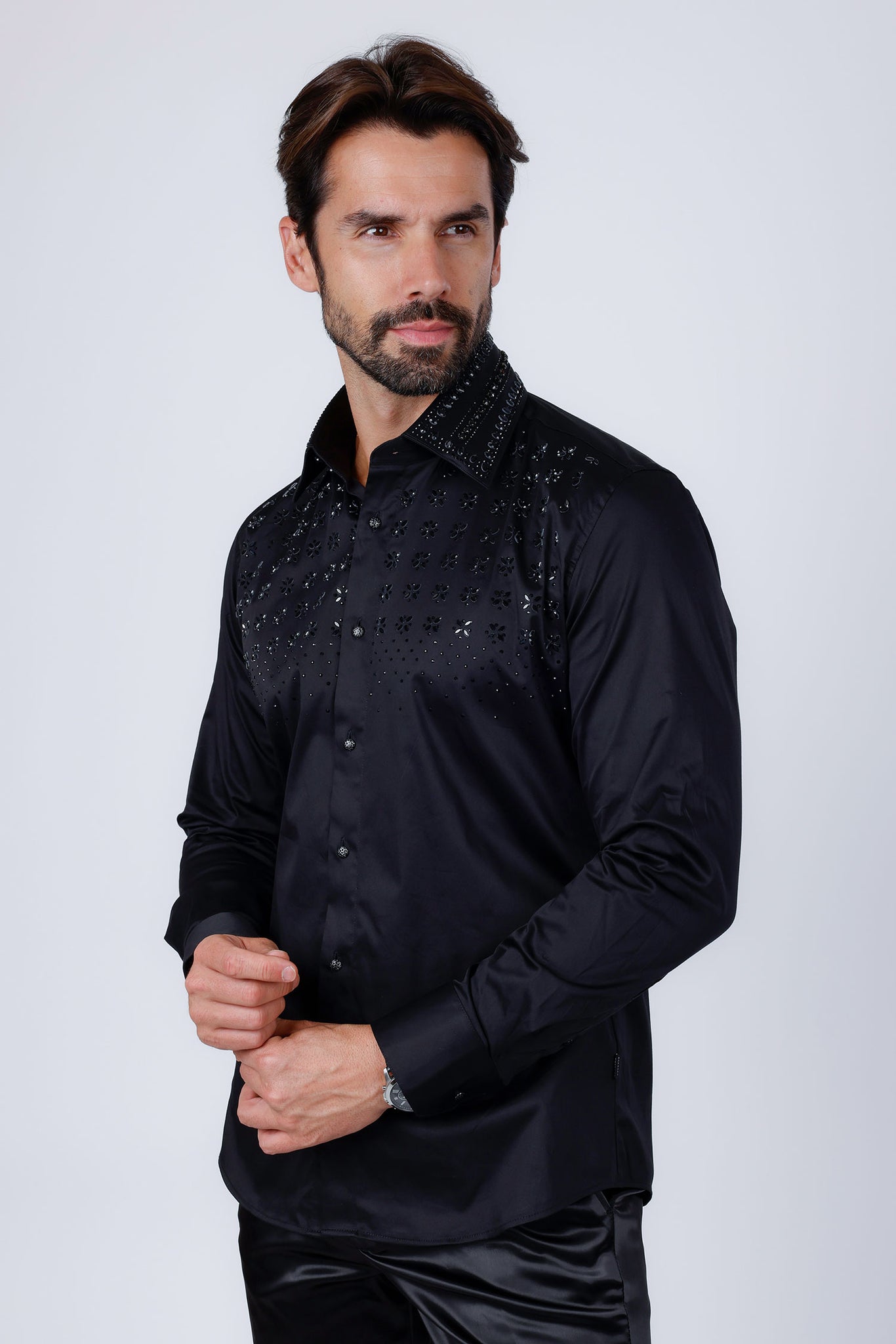 Barabas Wholesale Men's Rhinestones Button Down Long Sleeve Shirts 4BR412 Black