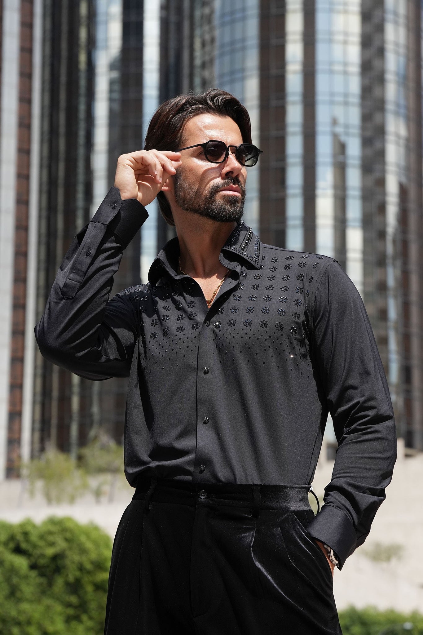 Barabas Wholesale Men's Rhinestones Button Down Long Sleeve Shirts 4BR412 Black 