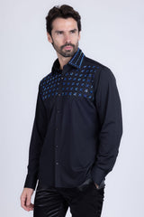 Barabas Wholesale Men's Rhinestones Button Down Long Sleeve Shirts 4BR412 Black Blue