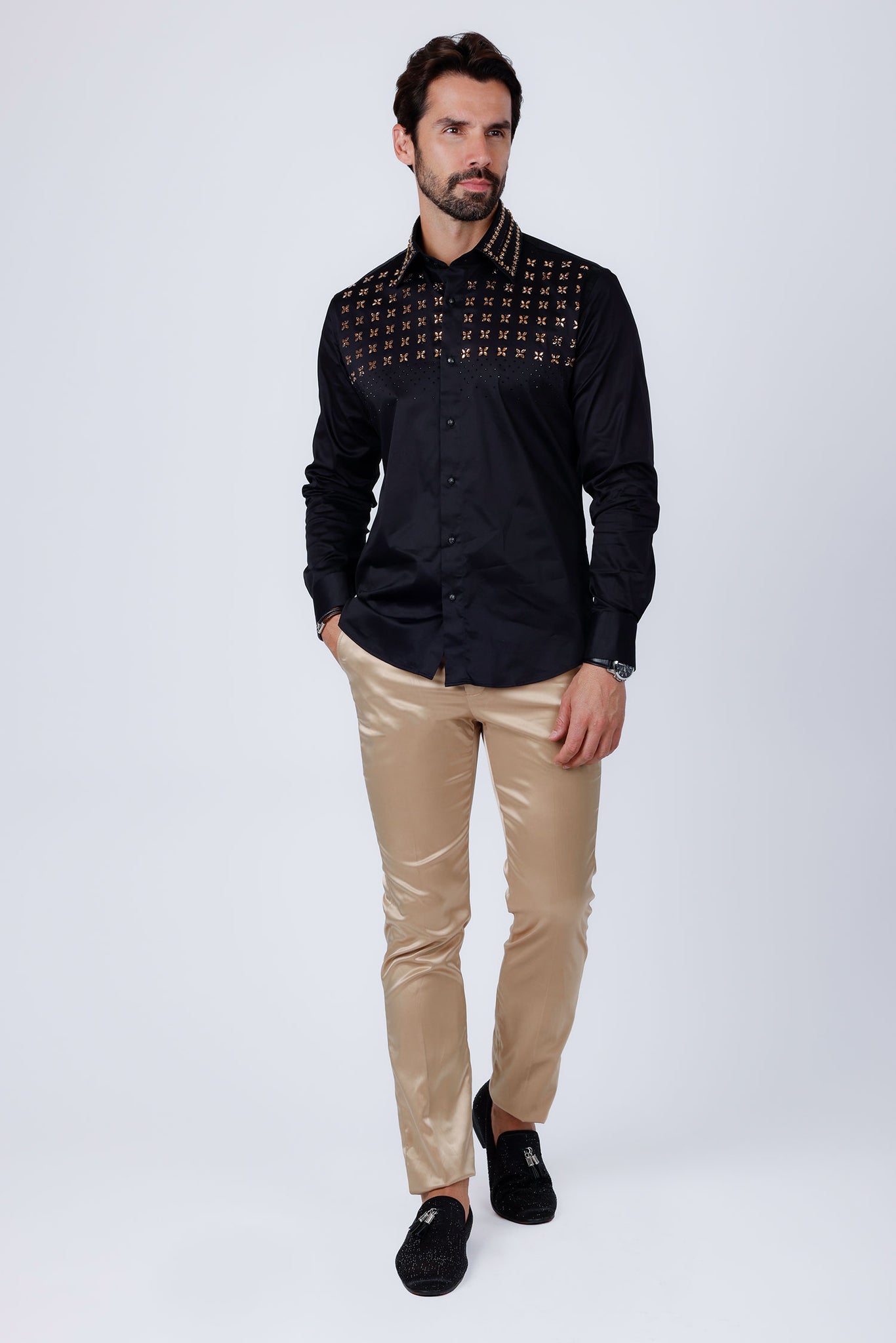 Barabas Wholesale Men's Rhinestones Button Down Long Sleeve Shirts 4BR412 Black Gold