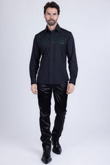Barabas Wholesale Men's Rhinestones Button Down Long Sleeve Shirts 4BR412 Black Green