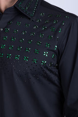 Barabas Wholesale Men's Rhinestones Button Down Long Sleeve Shirts 4BR412 Black Green