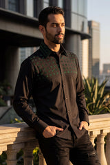 Barabas Wholesale Men's Rhinestones Button Down Long Sleeve Shirts 4BR412 Black Green