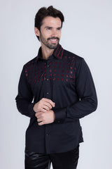 Barabas Wholesale Men's Rhinestones Button Down Long Sleeve Shirts 4BR412 Black Red